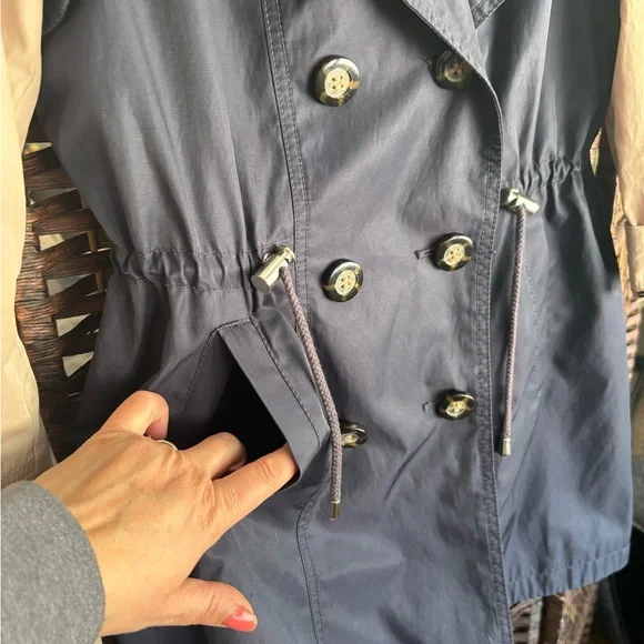 Laundry By Shelli Segal Navy & Tan Colorblock Trench Coat Leopard Lining Small - Picture 3 of 14